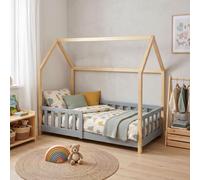 Lit cabane "Hesel" pour enfants, avec barrière de sécurité, dimensions 80 x 160 cm, en bois de pin, couleur gris/naturel