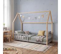 Lit cabane "Hesel" pour enfants, avec barrière de sécurité, dimensions 90 x 200 cm, en bois de pin, couleur gris/naturel