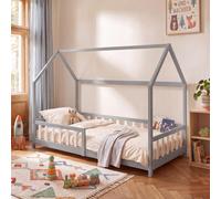 Lit cabane "Hesel" pour enfants, avec barrière de sécurité, dimensions 90 x 200 cm, en bois de pin, couleur gris/blanc