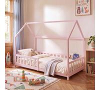 Lit cabane "Hesel" pour enfants, avec barrière de sécurité, dimensions 90 x 200 cm, en bois de pin, couleur rose/blanc