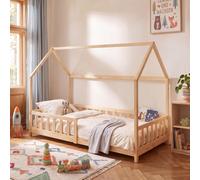 Lit cabane "Hesel" pour enfants, avec barrière de sécurité, dimensions 90 x 200 cm, en bois de pin, finition naturelle