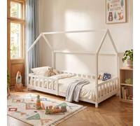 Lit cabane "Hesel" pour enfants, avec barrière de sécurité, dimensions 90 x 200 cm, en bois de pin, finition blanche