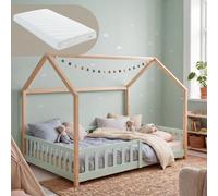 Lit cabane "Hesel" pour enfants, avec matelas et barrière de sécurité, dimensions 120 x 200 cm, en bois de pin, couleur vert menthe/naturel