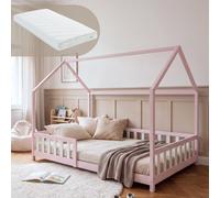 Lit cabane "Hesel" pour enfants, avec matelas et barrière de sécurité, dimensions 120 x 200 cm, en bois de pin, couleur rose/blanc