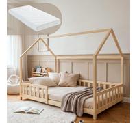Lit de maison 'Hesel' pour enfants avec matelas, protection contre les chutes, sommier à lattes 120 x 200 cm, aspect bois