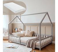 Lit cabane "Hesel" pour enfants, avec matelas et barrière de sécurité, dimensions 140 x 200 cm, en bois de pin, couleur gris/blanc