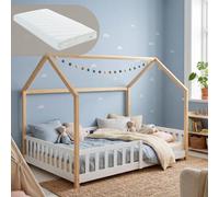 Lit cabane "Hesel" pour enfants, avec matelas et barrière de sécurité, dimensions 140 x 200 cm, en bois de pin, blanc/naturel