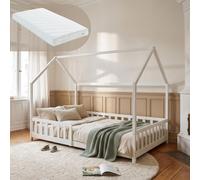 Lit cabane "Hesel" pour enfants, avec matelas et barrière de sécurité, dimensions 140 x 200 cm, en bois de pin, finition blanche
