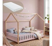 Lit cabane "Hesel" pour enfants, avec matelas et barrière de sécurité, dimensions 140 x 200 cm, en bois de pin, couleur rose/naturel