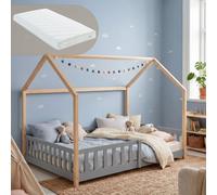 Lit cabane "Hesel" pour enfants, avec matelas et barrière de sécurité, dimensions 140 x 200 cm, en bois de pin, couleur gris/naturel