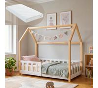 Lit cabane "Hesel" pour enfants, avec matelas et barrière de sécurité, dimensions 70 x 140 cm, en bois de pin, blanc/naturel