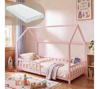 Lit cabane "Hesel" pour enfants, avec matelas et barrière de sécurité, dimensions 90 x 200 cm, en bois de pin, couleur rose/blanc