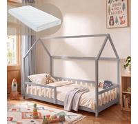 Lit cabane "Hesel" pour enfants, avec matelas et barrière de sécurité, dimensions 90 x 200 cm, en bois de pin, couleur gris/blanc