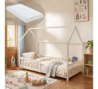 Lit cabane "Hesel" pour enfants, avec matelas et barrière de sécurité, dimensions 90 x 200 cm, en bois de pin, finition blanche