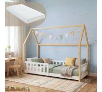 Lit cabane "Hesel" pour enfants, avec matelas et barrière de sécurité, dimensions 90 x 200 cm, en bois de pin, blanc/naturel
