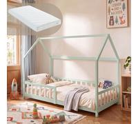 Lit cabane "Hesel" pour enfants, avec matelas et barrière de sécurité, dimensions 90 x 200 cm, en bois de pin, couleur vert menthe/blanc