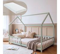 Lit cabane "Hesel" pour enfants, avec matelas et barrières de sécurité, dimensions 120 x 200 cm, en bois de pin, couleur vert menthe/blanc