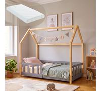 Lit cabane "Hesel" pour enfants, avec matelas et barrières de sécurité, dimensions 70 x 140 cm, en bois de pin, couleur gris/naturel