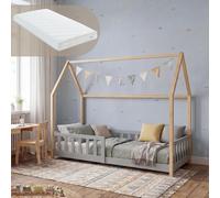 Lit cabane "Hesel" pour enfants, avec matelas et barrières de sécurité, dimensions 90 x 200 cm, en bois de pin, couleur gris/naturel