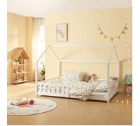 Lit cabane "Hesel" pour enfants, avec barrière de sécurité, dimensions 140 x 200 cm, en bois de pin, finition blanche