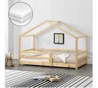Lit d'enfant avec matelas et protection contre les chutes 70x140cm Lit d'intérieur avec matelas en mousse froide Maison de lit avec sommier à lattes en pin Lit pour petits enfants Naturel en bois [en.