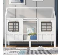 Lit cabane, lit simple, lit de repos, lit enfant avec 2 fenêtres, cadre en pin, MDF, blanc (200x90cm)