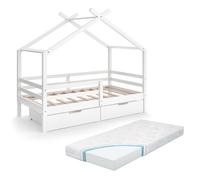 Lit cabane Luni, 160 x 80 cm avec caissons de rangement et matelas, Blanc, Vitalispa 59343