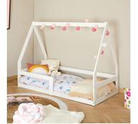 Lit cabane LUSIA 80x160 cm, lit simple 1 place pour bébé ou enfant de type Montessori, en pin massif lasuré blanc