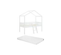 Lit cabane mi-hauteur 90 x 190 cm - Pin - Blanc + Matelas - NALENY
