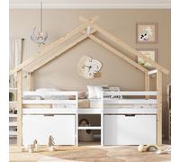 Lit cabane mi-hauteur 90x200cm avec toit, barrière, escalier, 2 coffres à roulettes, pin et MDF, blanc naturel