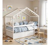 Lit cabane MIKA 90x190 + sommier + 2 tiroirs / Blanc