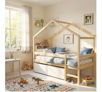 Lit cabane MIKA 90x190 + sommier + 2 tiroirs / Bois clair & blanc