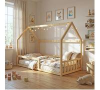 Lit cabane NEMO 90x190 + 1 sommier + barrière /Naturel