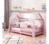 Lit cabane NINA lit enfant simple montessori en bois 90 x 190 cm, en pin massif lasuré rose