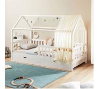 Lit cabane NUNA lit enfant simple montessori en bois 90 x 200 cm, avec rangement 2 tiroirs, en pin massif lasuré blanc