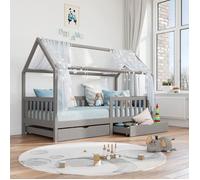 Lit cabane NUNA lit enfant simple montessori en bois 90 x 200 cm, avec rangement 2 tiroirs, en pin massif lasuré gris
