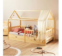Lit cabane NUNA lit enfant simple montessori en bois 90 x 200 cm, avec rangement 2 tiroirs, en pin massif à la finition naturelle