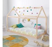 Lit cabane PANDA 90x190 + 1 sommier + matelas IRIS / Bois clair