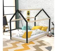 Lit cabane PANDA 90x190 + 1 sommier + matelas IRIS / Bois clair et Noir