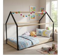 Lit cabane PANDA2 90x190 cm + 1 sommier / Noir et Bois clair