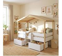 Lit cabane PILOTI 90x190 + 2 tiroirs + 1 sommier / Blanc et Bois clair