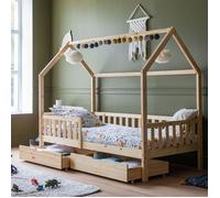 Happy Garden Lit cabane 190x90cm en Bois Marceau, Cadre de lit en Bois Massif de pin avec sommier à Lattes, barreaux de sécurité et Deux Grands tiroirs de Rangement