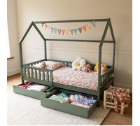 Happy Garden Lit cabane Vert 190x90cm en Bois Marceau, Cadre de lit en Bois Massif de pin avec sommier à Lattes, barreaux de sécurité et Deux Grands tiroirs de Rangement