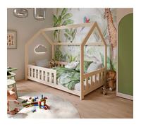 Lit cabane pour enfant 80 x 160 cm naturel avec sommier, barrières de sécurité et matelas DUBI