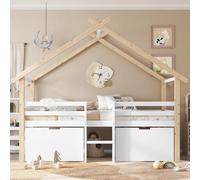 Lit cabane pour enfants, lit mi-hauteur avec toit, 2 compartiments fermés sur roulettes, escalier et barrière de sécurité sur quatre côtés, blanc et bois naturel, dimensions 90x200 cm