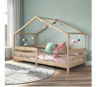 Lit cabane RENA lit simple montessori pour enfant 90 x 190 cm, avec barrières de protection, en pin massif à la finition naturelle