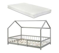 Lit d'enfant 'Sisimiut' à l'aspect de maison avec matelas et protection contre les chutes Bois de pin 120 x 200 cm Gris clair / Blanc