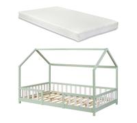 Lit d'enfant 'Sisimiut' à l'aspect de maison avec matelas et protection contre les chutes Bois de pin 120 x 200 cm Vert menthe / blanc
