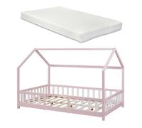 Lit d'enfant 'Sisimiut' à l'aspect de maison avec matelas et protection contre les chutes pin 140 x 200 cm rose / blanc