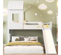 Lit cabane superposé avec toboggan, fenêtres, barrière de sécurité, échelle à 3 niveaux, MDF et pin, blanc, 90x200cm, 140x200cm